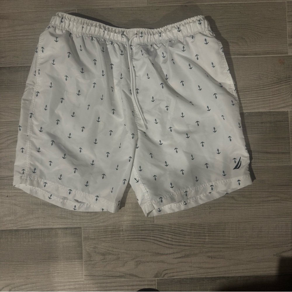 Nautica White Anchor Print Swim Trunks
